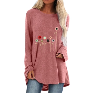 Dusty pink women's loose long sleeve t-shirt with stylized colorful floral print