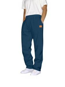 Men's navy blue straight leg sweatpants with drawstring waist and orange patch detail