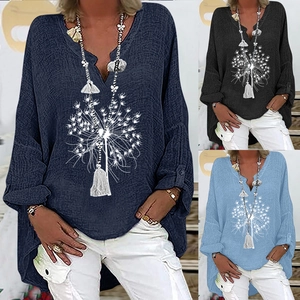 Women Casual Cotton Linen V Neck Blouse Dandelion Print Long Sleeve Loose Retro Bohemian Style Button Roll Up Hem Shirt