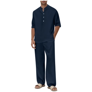 Ensemble décontracté deux pièces en lin bleu marine pour homme avec chemise et pantalon