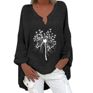 Women's V-neck cotton linen top with dandelion print and long sleeves in black grey