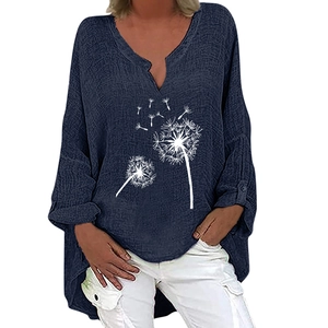 Women's V-neck cotton linen blouse with dandelion print and long sleeves in navy blue