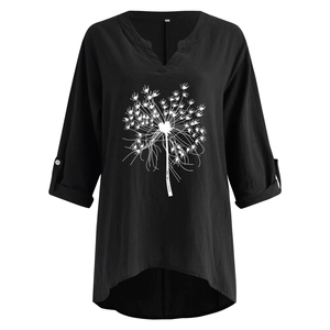 Detail of V-neck cotton linen shirt featuring dandelion print and button-tab adjustable sleeves