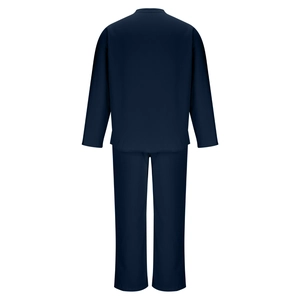 Vue arrière de l'ensemble de détente bleu foncé avec tissu texturé et coupe décontractée