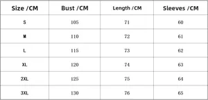 Tableau des tailles avec mesures du buste et de la longueur en CM pour sweat femme