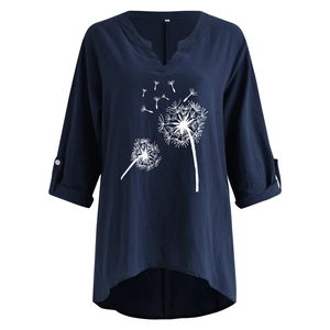 Detail of V-neckline and dandelion print on navy blue long-sleeved cotton linen shirt