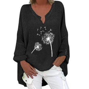 Detail of grey V-neck linen shirt with dandelion print and asymmetrical hemline