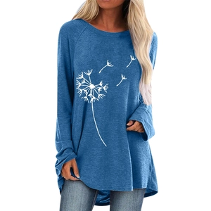 Women Casual Cotton Blend Long Sleeve T-Shirt Dandelion Print Raglan Sleeve Round Neck Loose Fit Irregular Hem Top