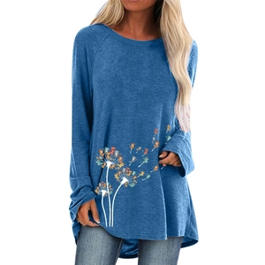 Dunkelblaues loses Langarmshirt mit kreativem Pusteblume-Katzen-Print und Rundhals