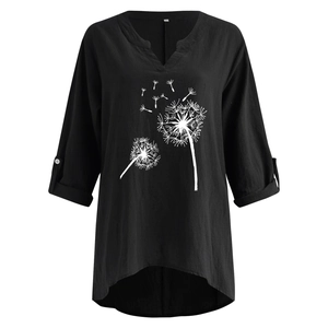 Detail of black V-neck linen shirt featuring white dandelion print and roll-tab sleeves