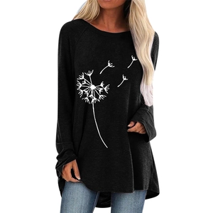Women's black long sleeve T-shirt with white dandelion print in a slim fit style