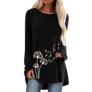 Damen Casual Langarm T-Shirt Süße Katze Löwenzahn Druck Lockerer Rundhalsausschnitt Raglanärmel Baumwollmischung Asymmetrisches Top