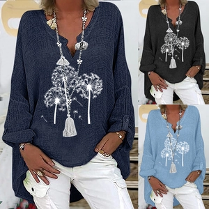 Women Casual Cotton Linen Blouse V Neck Dandelion Print Long Sleeve Loose Tops High Low Hem Retro Boho Tunic Shirt