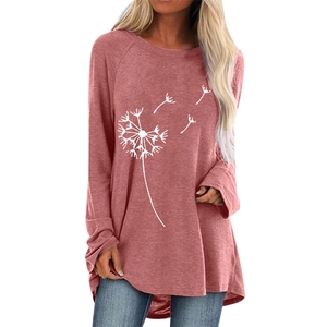 Women's dusty pink long sleeve raglan t-shirt featuring a white dandelion floral print