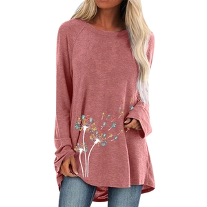 Damen Langarmshirt in Mauve-Rosa mit Pusteblume und Katzen-Print Lockerer Schnitt