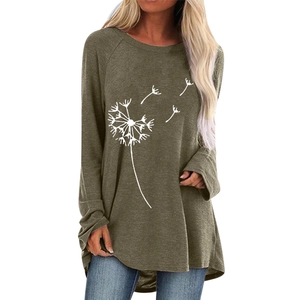 Loose olive green long sleeve t-shirt with white dandelion print and high-low hem