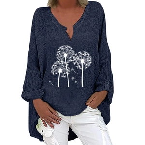 Detailed view of dandelion print on dark blue cotton linen V-neck long sleeve blouse
