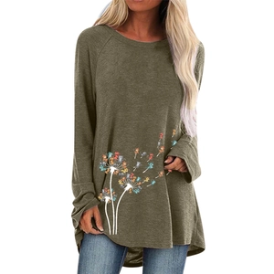 Damen Langarmshirt in Armeegrün mit kreativem Pusteblume-Katzen-Print locker