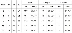 Detailed size chart for women's gothic long sleeve t-shirt showing US, UK, EU measurements