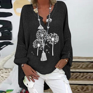 Women's V-neck cotton linen top in black featuring artistic white dandelion print details