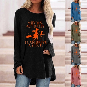 T-Shirt à Manches Longues Imprimé Sorcière d'Halloween pour Femmes Tunique Décontractée Col Rond avec Graphique Lettres