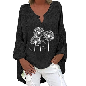 Women's V-neck linen tunic in black with white dandelion print and long sleeves