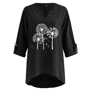 Detail of V-neck cotton linen shirt featuring dandelion print and hi-low hemline