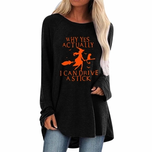 T-shirt noir à manches longues pour femme avec imprimé sorcière d'Halloween orange