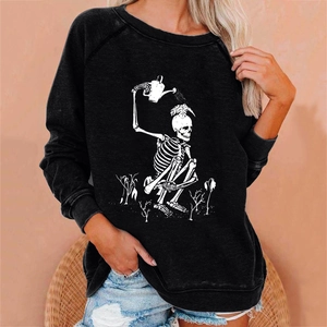Detail of creative skull watering grass print on black long sleeve crewneck sweatshirt
