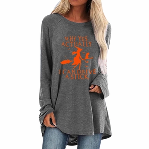 Détail du t-shirt gris Halloween avec imprimé sorcière et ourlet incurvé irrégulier