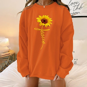 Bright orange sunflower Jesus print sweatshirt with crew neck and long drop-shoulder sleeves