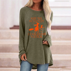 T-shirt Halloween femme à manches longues vert armée avec motif sorcière amusant