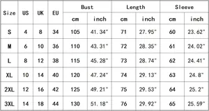 Detaillierte Größentabelle für Halloween-Sweatshirt mit US, UK, EU Maßen von S bis 3XL