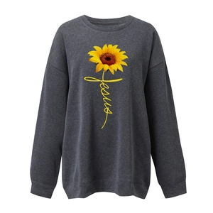 Detail of sunflower and Jesus script print on dark grey crewneck sweatshirt fabric