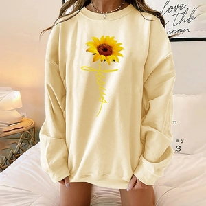 Cream sunflower Jesus print oversized crewneck sweatshirt with drop shoulder