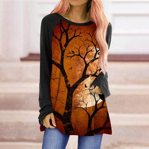 Women's loose long sleeve Halloween T-shirt with gothic tree and moon print