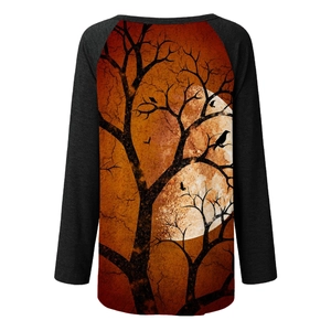 Detail of Halloween raglan sleeve top with black and orange gothic moon and crow print