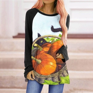 Close-up of gothic cat and pumpkin illustration on a long-sleeve Halloween t-shirt