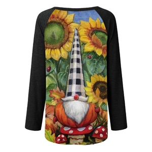Detail of sunflower and gnome illustration on a winter gothic long sleeve raglan tee