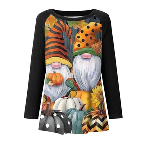 Detail of Halloween gnomes and pumpkin prints on women long sleeve raglan tee