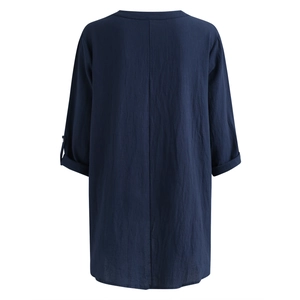 Navy blue V-neck cotton linen shirt with long sleeves and heart print pattern back view