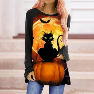 Women's Halloween raglan long sleeve tee with black cat, pumpkin, and bat graphic print
