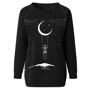 Detail of artistic white skeleton and moon print on black loose women sweatshirt
