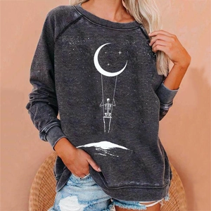 Women's vintage washed dark grey sweatshirt with a gothic skull moon swing print