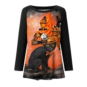 Close-up of the gothic black cat and orange moon print on the Halloween raglan tee