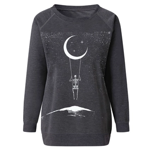 Detail of moon and skeleton print on dark grey crewneck sweatshirt for Halloween style