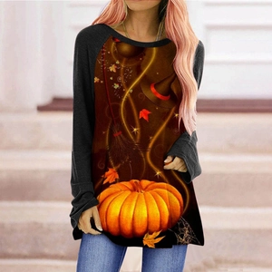 Women's Gothic Halloween long sleeve tee with orange pumpkin and witch hat prints