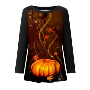 Detail of Halloween graphic print featuring pumpkins and wizard hat on long sleeve shirt