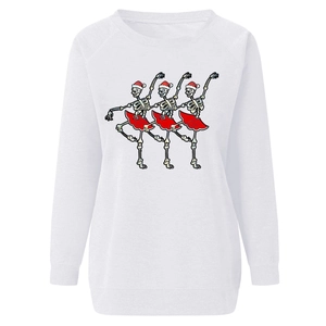 Detail of Christmas skeleton print on soft white long-sleeve sweatshirt for women