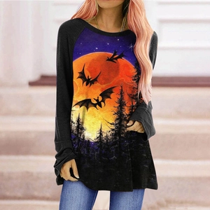 Detail of Halloween gothic print with bats and moon on a women long sleeve t-shirt